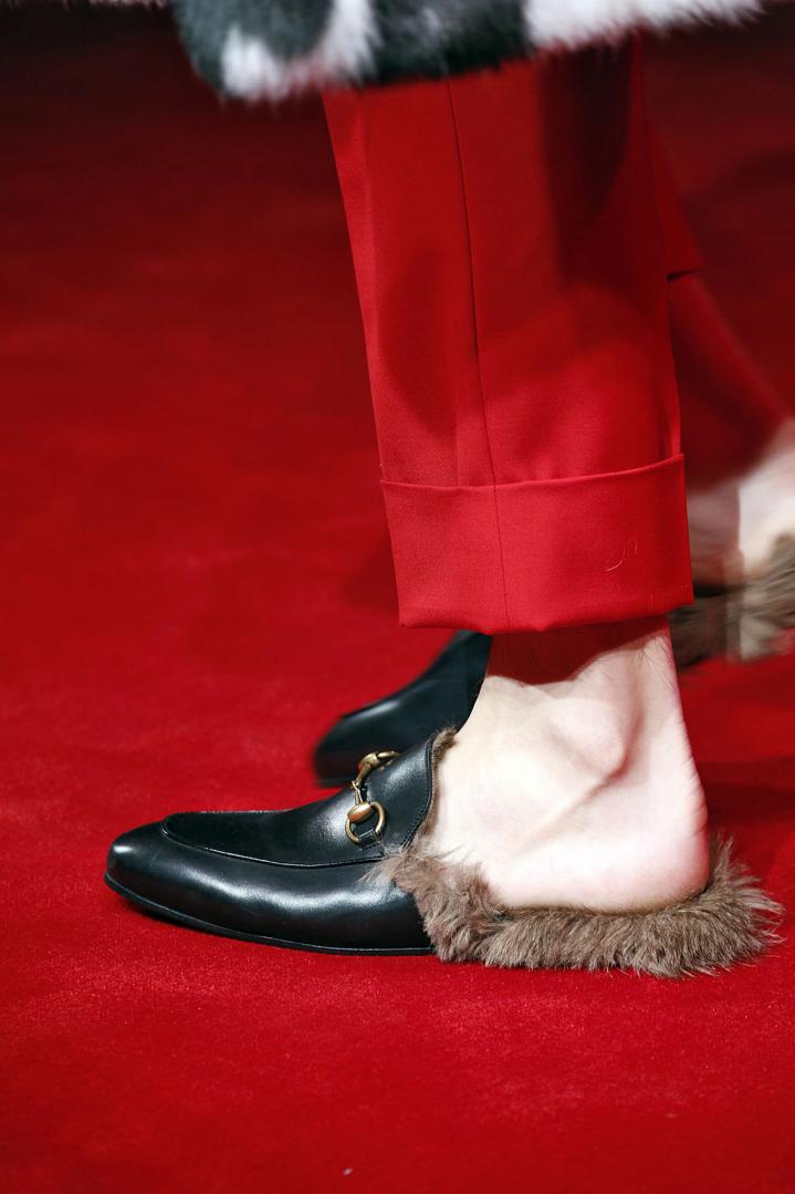 red gucci fur loafers