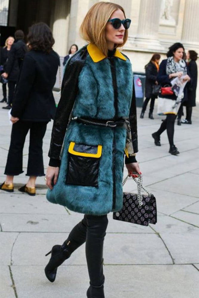 Olivia Palermo in green fur coat with green shoulder bag in New