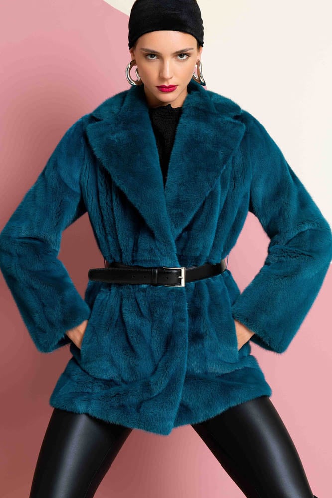 Mink coat in blue zircon color leather belt at waist. Made in Italy by Fabio Gavazzi