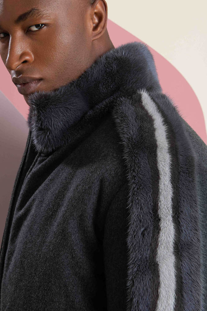 Loro Piana cashmere bomber jacket with mink details on the sleeves. Made in Italy by Fabio Gavazzi